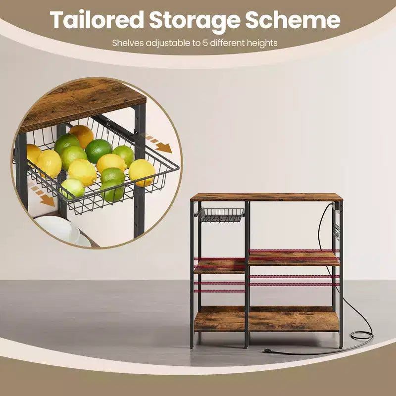 Coffee Bar Baker's Rack with 4-Outlet Charging Station, Pull-Out Basket & Adjustable Shelves