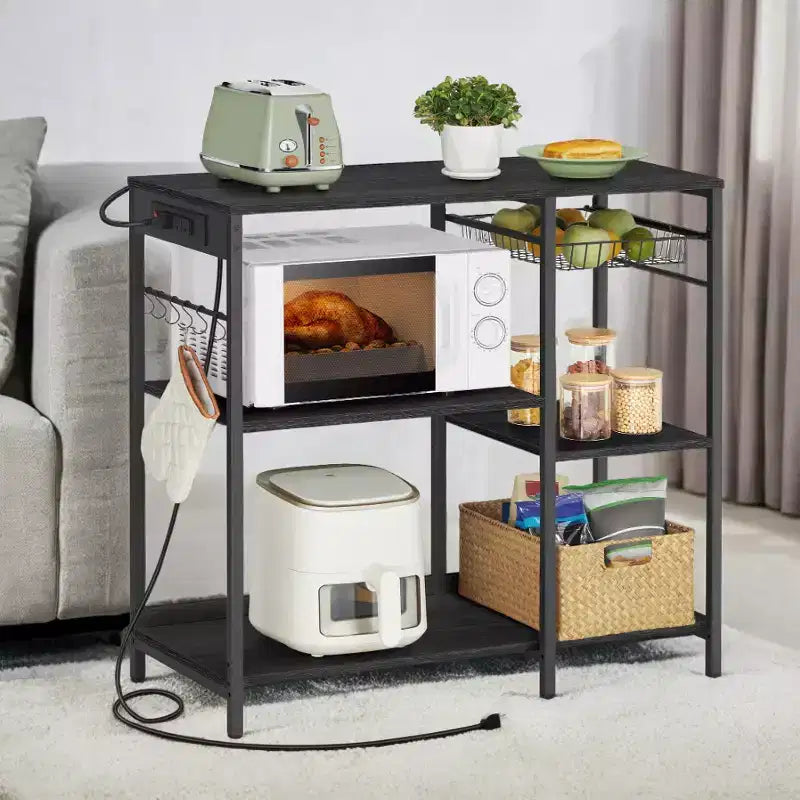 Coffee Bar Baker's Rack with 4-Outlet Charging Station, Pull-Out Basket & Adjustable Shelves