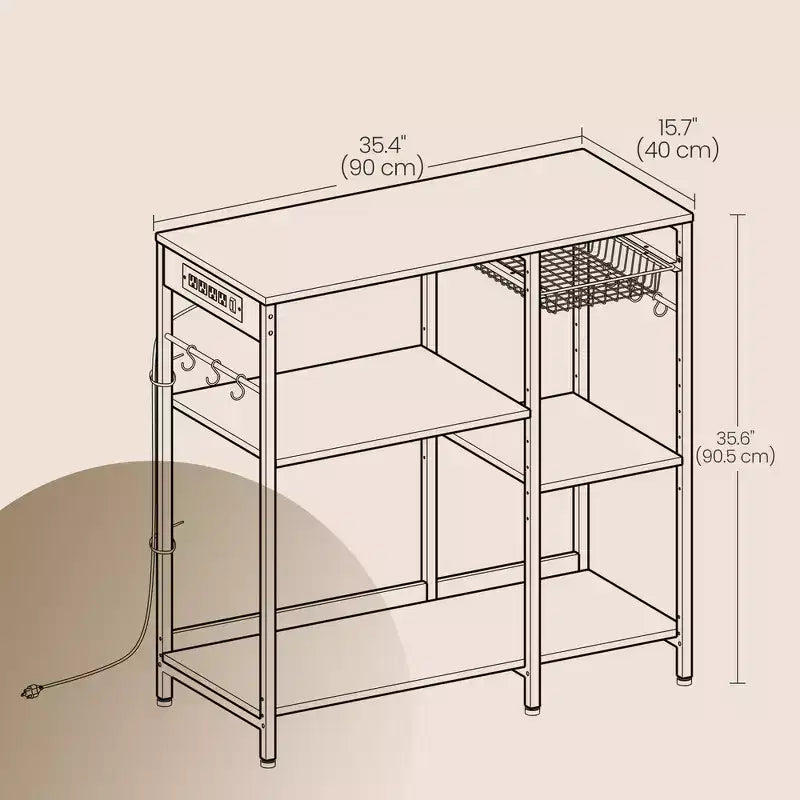 Coffee Bar Baker's Rack with 4-Outlet Charging Station, Pull-Out Basket & Adjustable Shelves