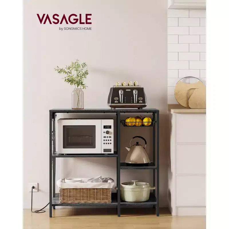 Coffee Bar Baker's Rack with 4-Outlet Charging Station, Pull-Out Basket & Adjustable Shelves