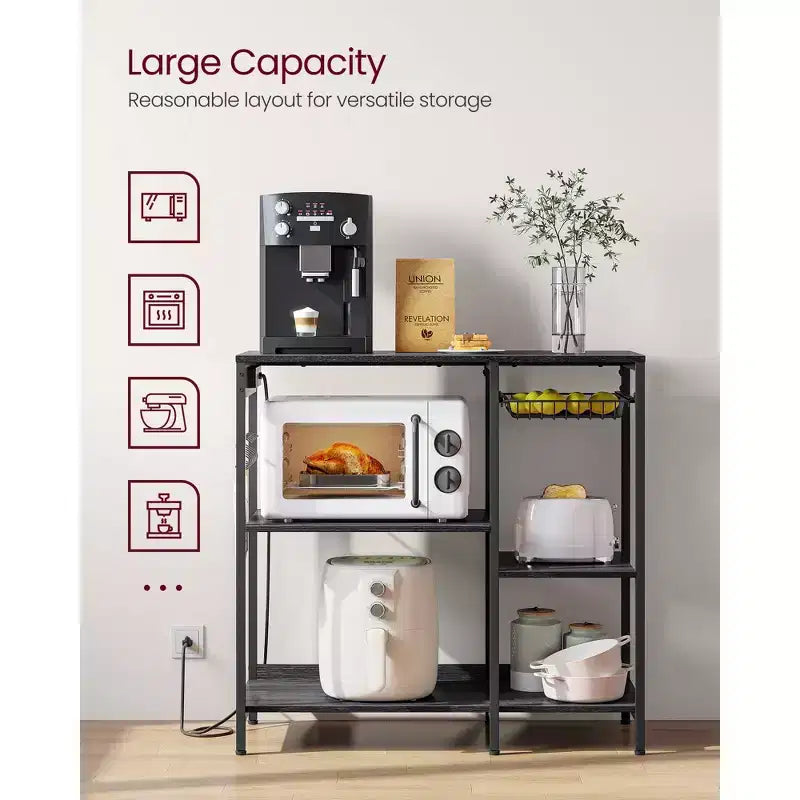 Coffee Bar Baker's Rack with 4-Outlet Charging Station, Pull-Out Basket & Adjustable Shelves