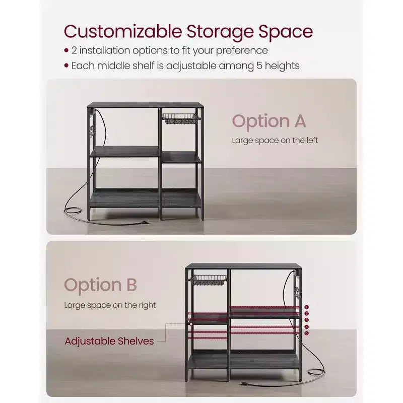 Coffee Bar Baker's Rack with 4-Outlet Charging Station, Pull-Out Basket & Adjustable Shelves