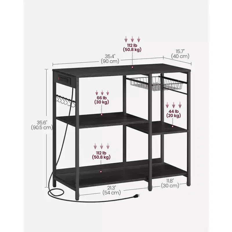 Coffee Bar Baker's Rack with 4-Outlet Charging Station, Pull-Out Basket & Adjustable Shelves