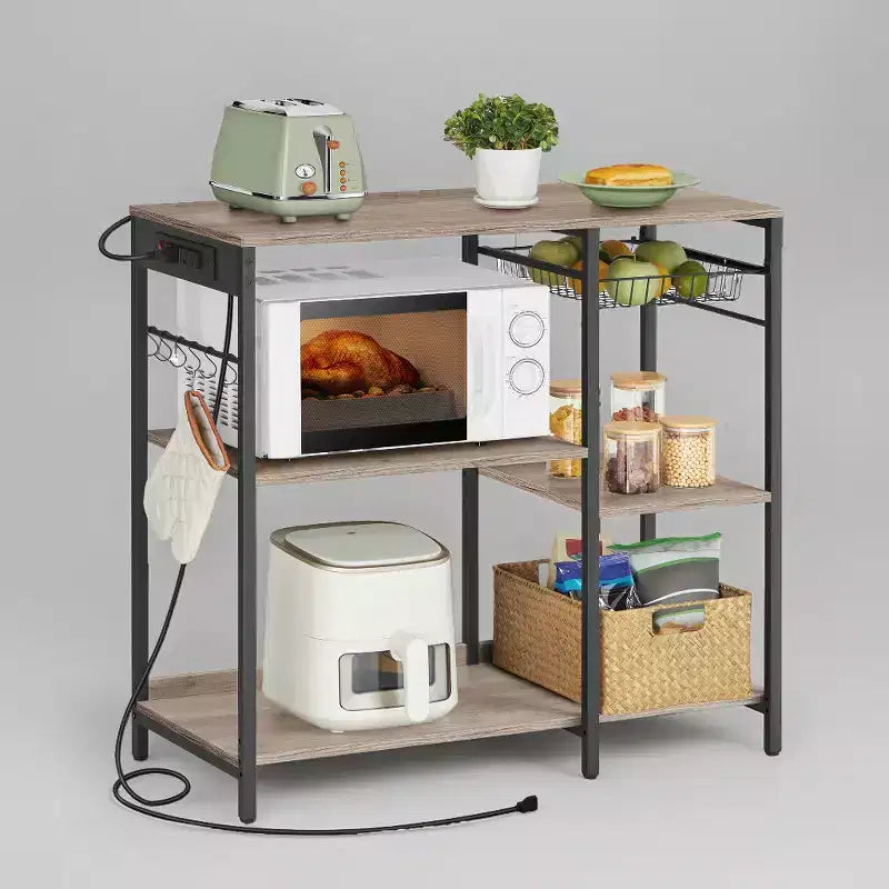 Coffee Bar Baker's Rack with 4-Outlet Charging Station, Pull-Out Basket & Adjustable Shelves