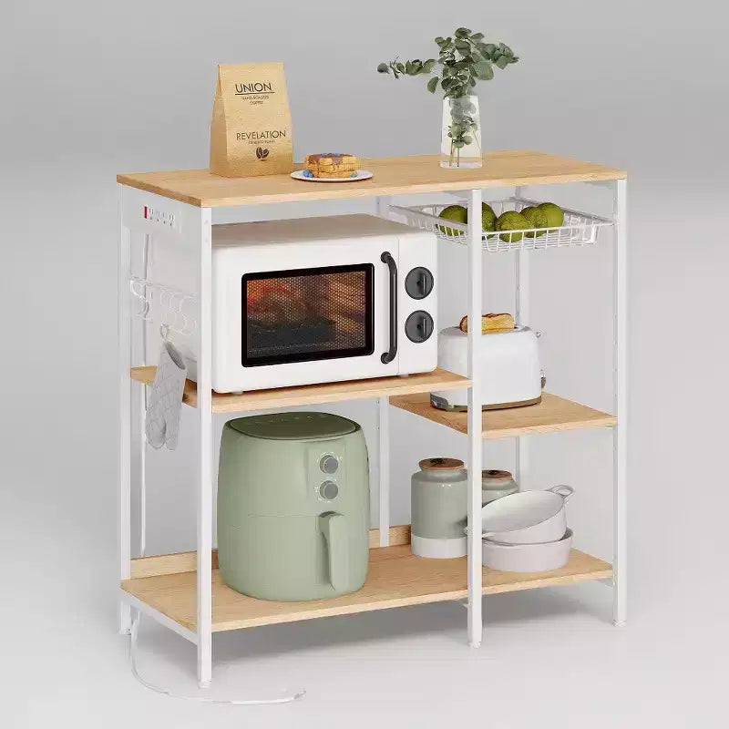 Coffee Bar Baker's Rack with 4-Outlet Charging Station, Pull-Out Basket & Adjustable Shelves
