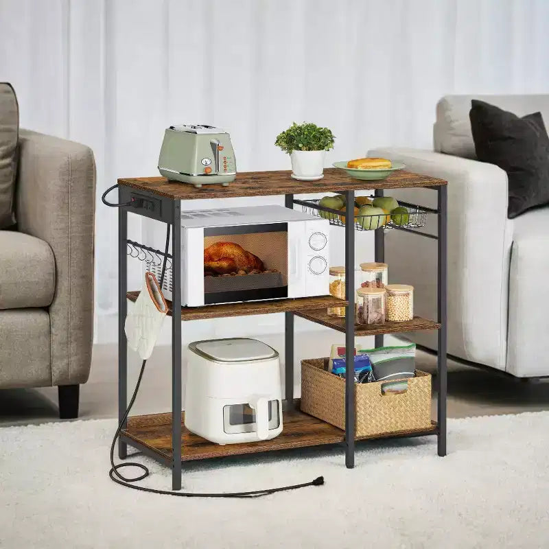 Coffee Bar Baker's Rack with 4-Outlet Charging Station, Pull-Out Basket & Adjustable Shelves