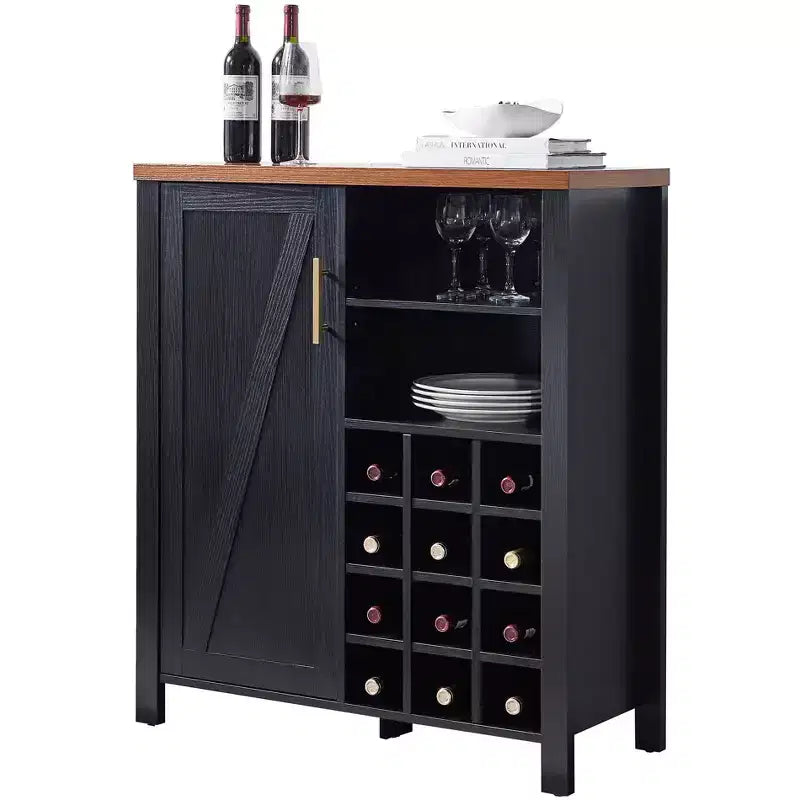 Farmhouse Sideboard Buffet with 12-Bottle Wine Rack, 2 Open Shelves & Cabinet – Black/Walnut