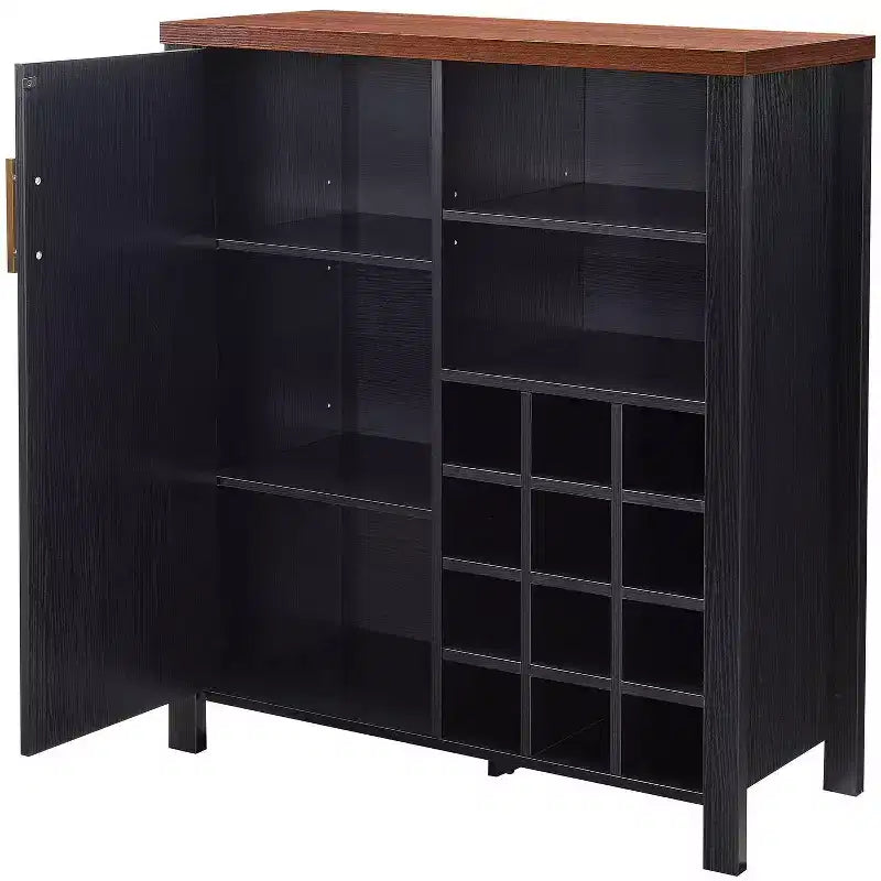 Farmhouse Sideboard Buffet with 12-Bottle Wine Rack, 2 Open Shelves & Cabinet – Black/Walnut