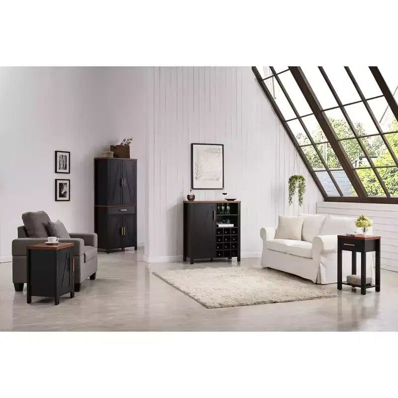 Farmhouse Sideboard Buffet with 12-Bottle Wine Rack, 2 Open Shelves & Cabinet – Black/Walnut