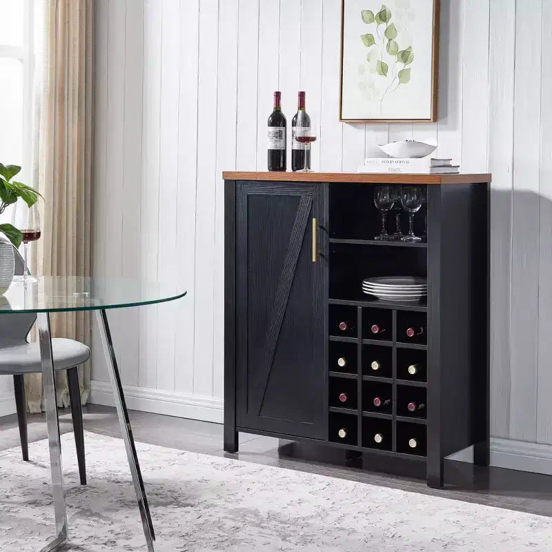 Farmhouse Sideboard Buffet with 12-Bottle Wine Rack, 2 Open Shelves & Cabinet – Black/Walnut