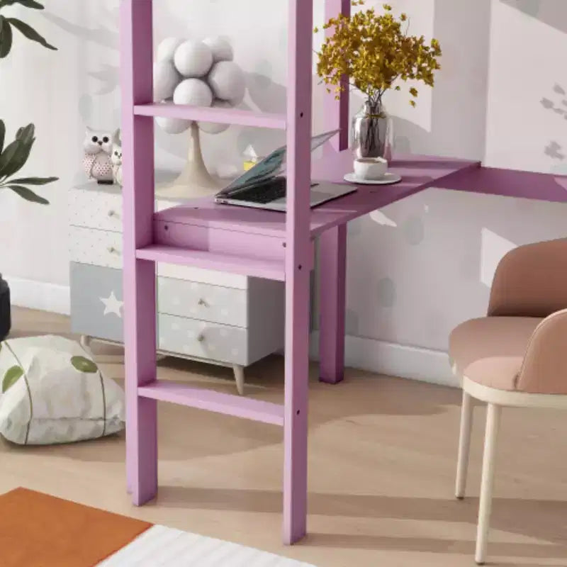 Twin High Loft Bed with Built-In Desk, Safety Guardrails & Wide Ladder – Rubberwood