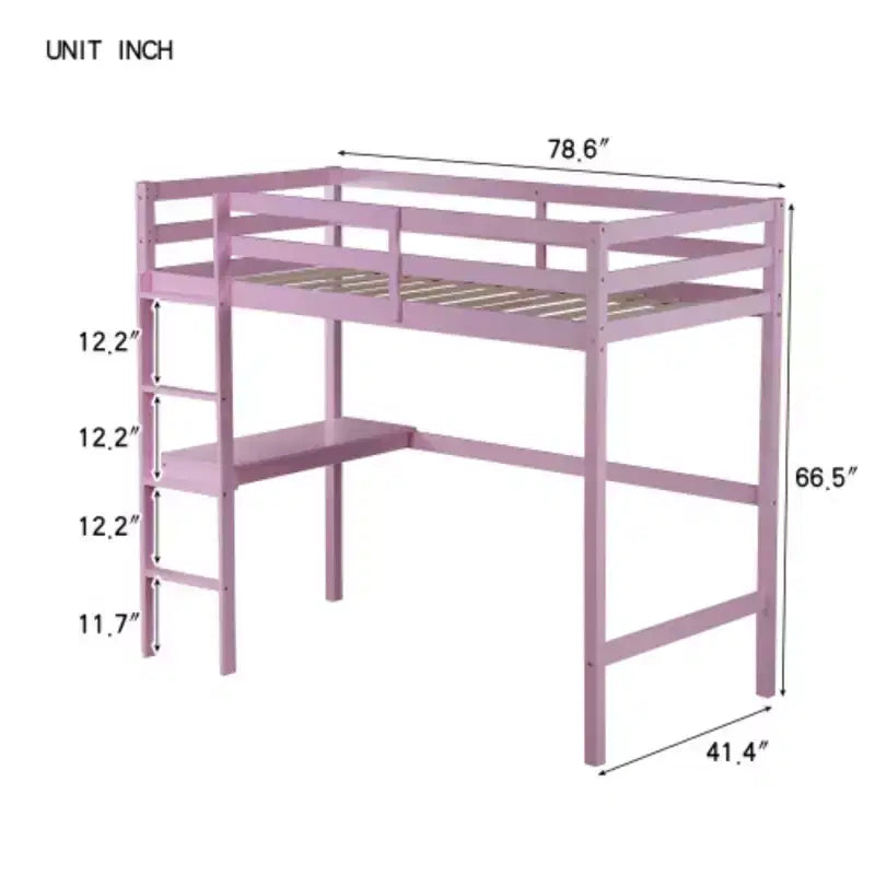 Twin High Loft Bed with Built-In Desk, Safety Guardrails & Wide Ladder – Rubberwood