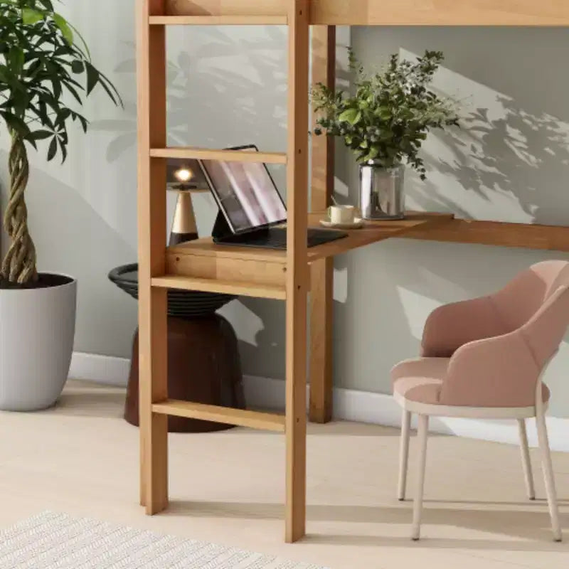 Twin High Loft Bed with Built-In Desk, Safety Guardrails & Wide Ladder – Rubberwood