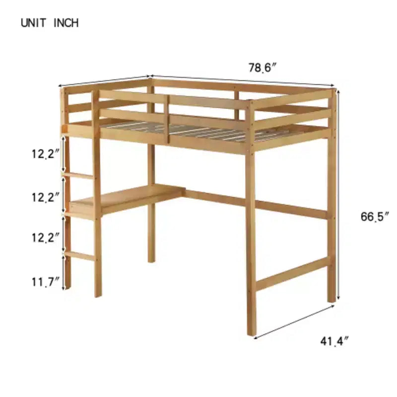 Twin High Loft Bed with Built-In Desk, Safety Guardrails & Wide Ladder – Rubberwood