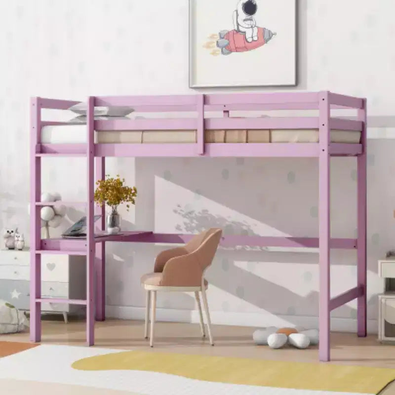 Twin High Loft Bed with Built-In Desk, Safety Guardrails & Wide Ladder – Rubberwood