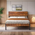 VECELO Full/Queen Size Bed Frame with Wooden Headboard, Metal Bed Platform No Box Spring Needed with Heavy Duty Steel Slat, Brown