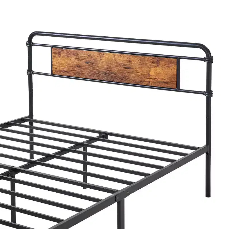 Full/Queen Metal Platform Bed Frame with Wood-Grain Headboard – No Box Spring, Brown