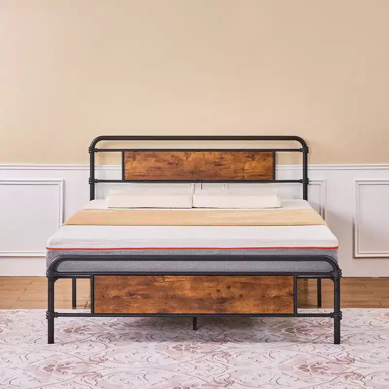 Full/Queen Metal Platform Bed Frame with Wood-Grain Headboard – No Box Spring, Brown