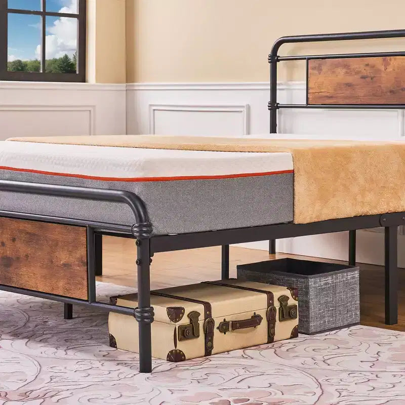 Full/Queen Metal Platform Bed Frame with Wood-Grain Headboard – No Box Spring, Brown