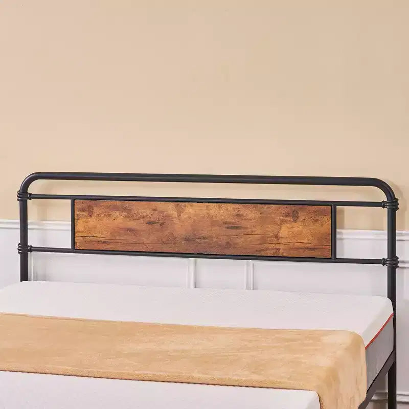Full/Queen Metal Platform Bed Frame with Wood-Grain Headboard – No Box Spring, Brown