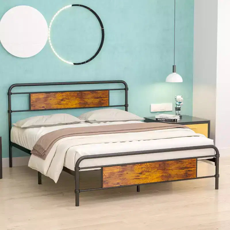 Full/Queen Metal Platform Bed Frame with Wood-Grain Headboard – No Box Spring, Brown