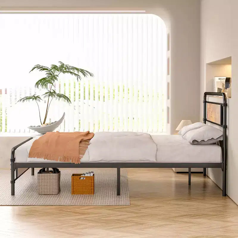 Full/Queen Metal Platform Bed Frame with Wood-Grain Headboard – No Box Spring, Brown