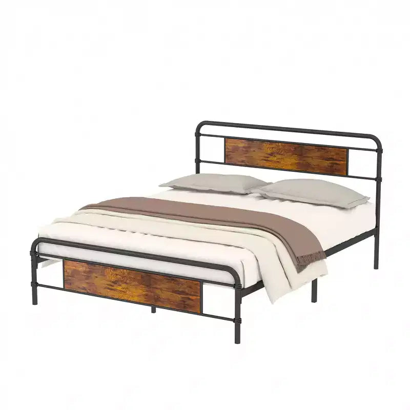 Full/Queen Metal Platform Bed Frame with Wood-Grain Headboard – No Box Spring, Brown