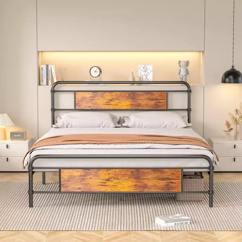 Full/Queen Metal Platform Bed Frame with Wood-Grain Headboard – No Box Spring, Brown