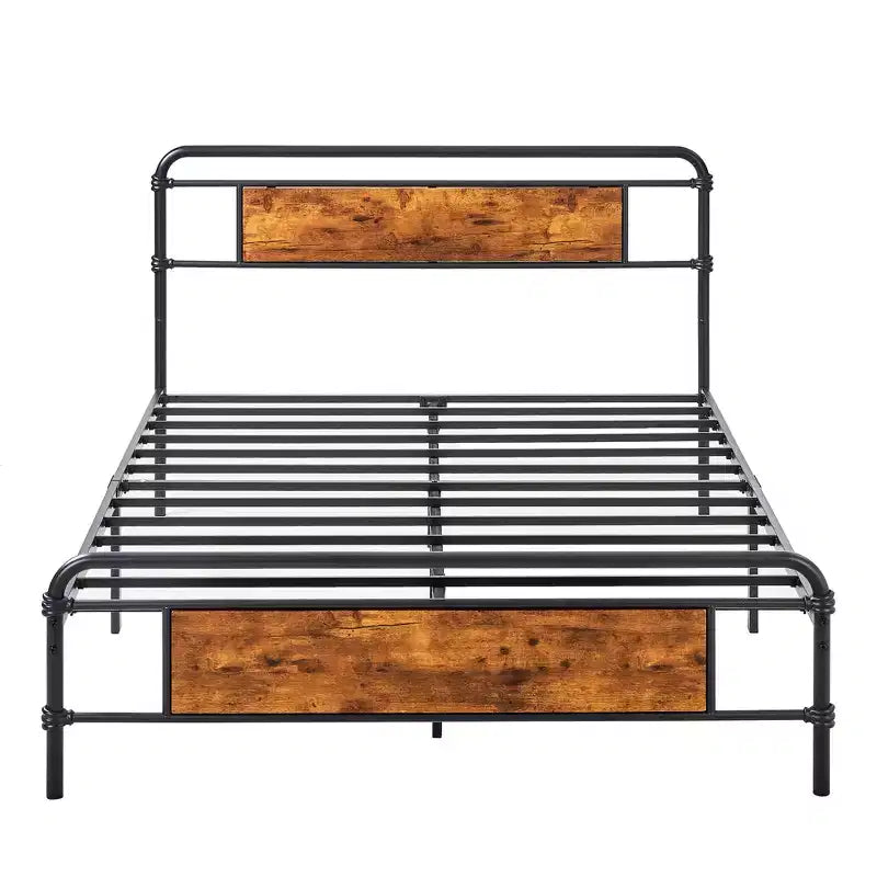 Full/Queen Metal Platform Bed Frame with Wood-Grain Headboard – No Box Spring, Brown