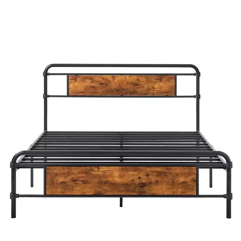Full/Queen Metal Platform Bed Frame with Wood-Grain Headboard – No Box Spring, Brown