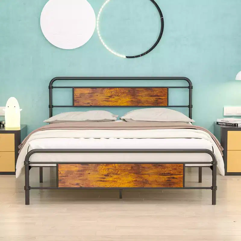 Full/Queen Metal Platform Bed Frame with Wood-Grain Headboard – No Box Spring, Brown