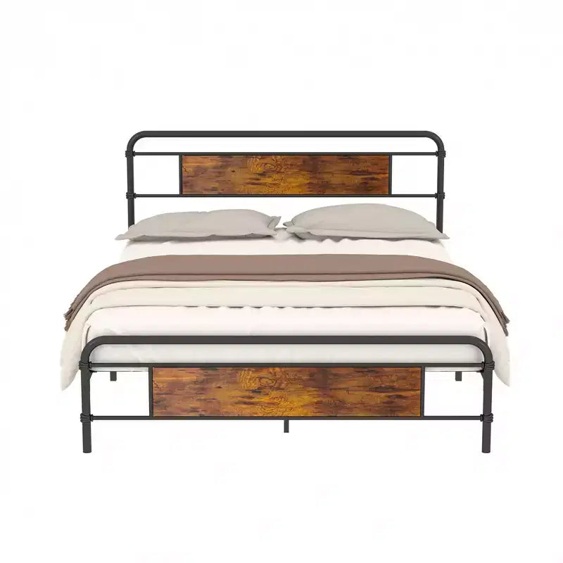Full/Queen Metal Platform Bed Frame with Wood-Grain Headboard – No Box Spring, Brown