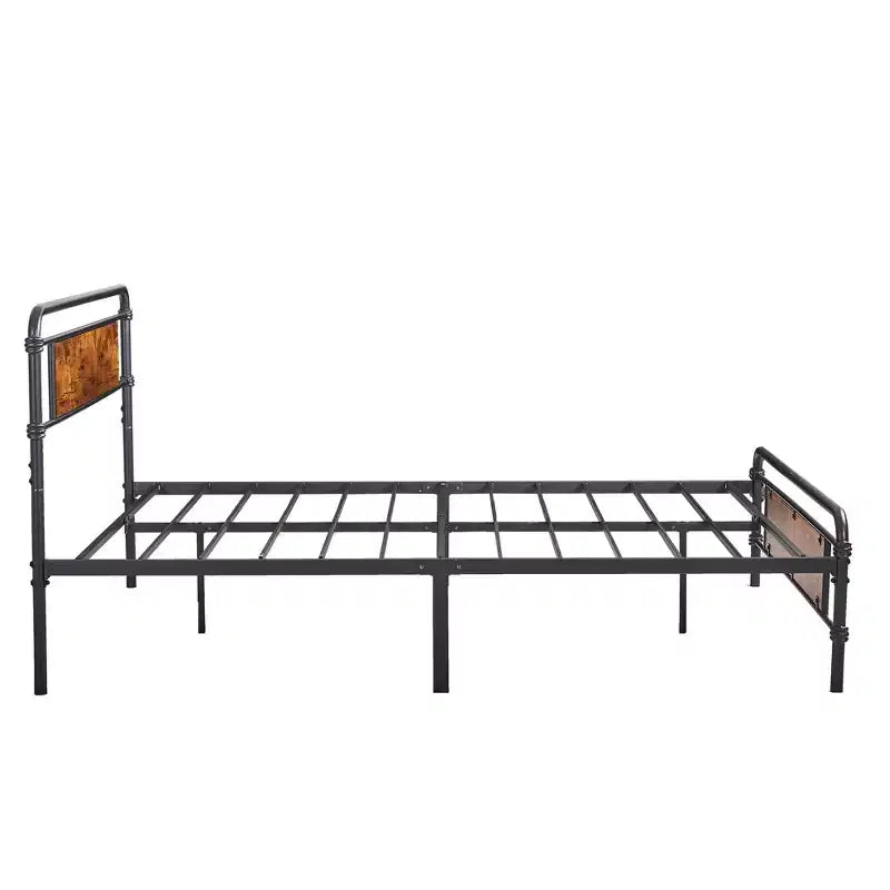 Full/Queen Metal Platform Bed Frame with Wood-Grain Headboard – No Box Spring, Brown