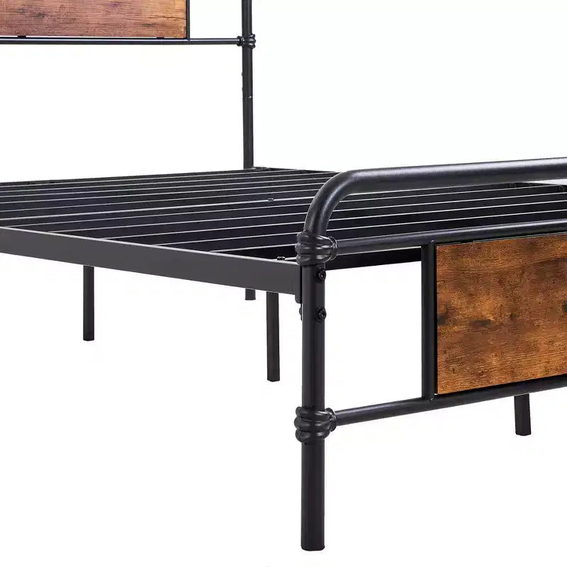 Full/Queen Metal Platform Bed Frame with Wood-Grain Headboard – No Box Spring, Brown