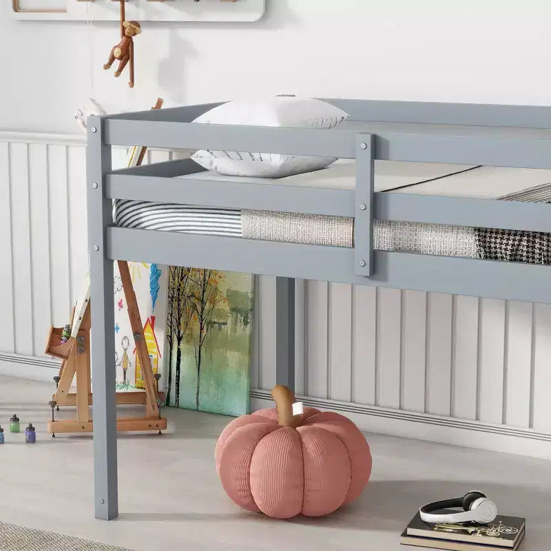 Solid Rubberwood Double Loft Bed with Ladder & Reinforced Slats – Grey, Space-Saving