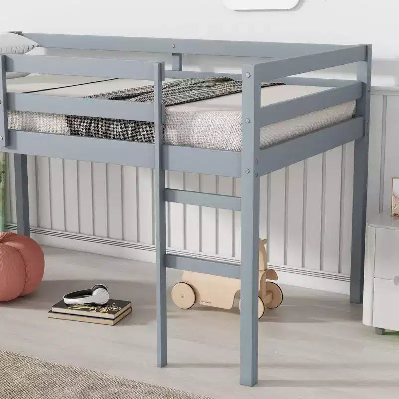 Solid Rubberwood Double Loft Bed with Ladder & Reinforced Slats – Grey, Space-Saving