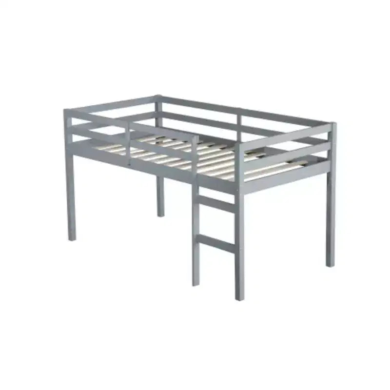 Solid Rubberwood Double Loft Bed with Ladder & Reinforced Slats – Grey, Space-Saving