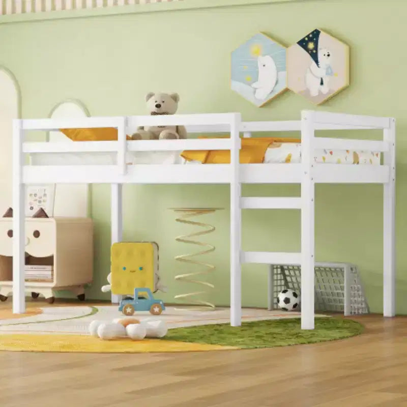 Solid Rubberwood Double Loft Bed with Ladder & Reinforced Slats – Grey, Space-Saving