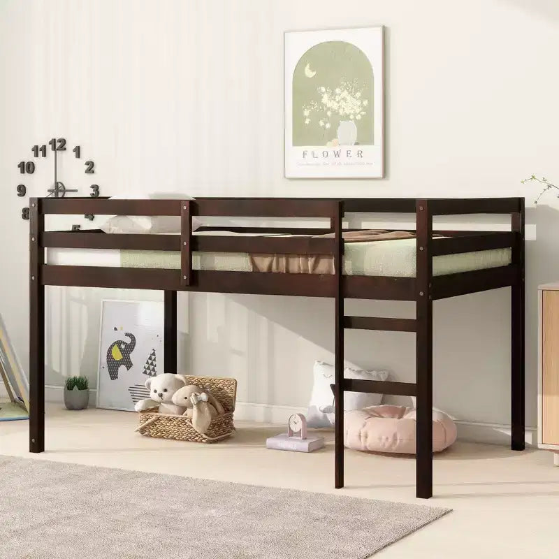 Solid Rubberwood Double Loft Bed with Ladder & Reinforced Slats – Grey, Space-Saving