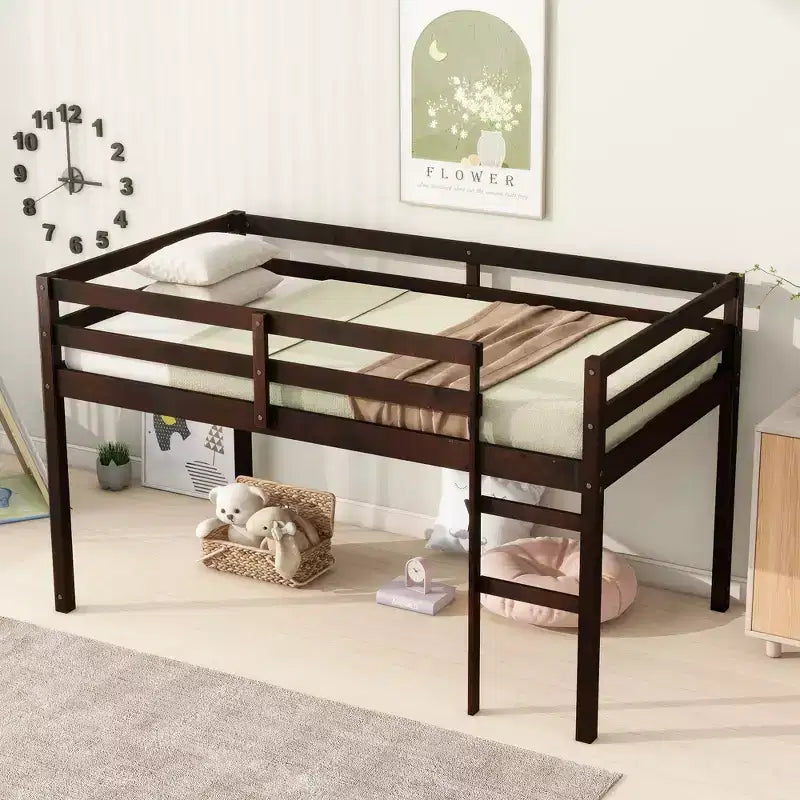 Solid Rubberwood Double Loft Bed with Ladder & Reinforced Slats – Grey, Space-Saving
