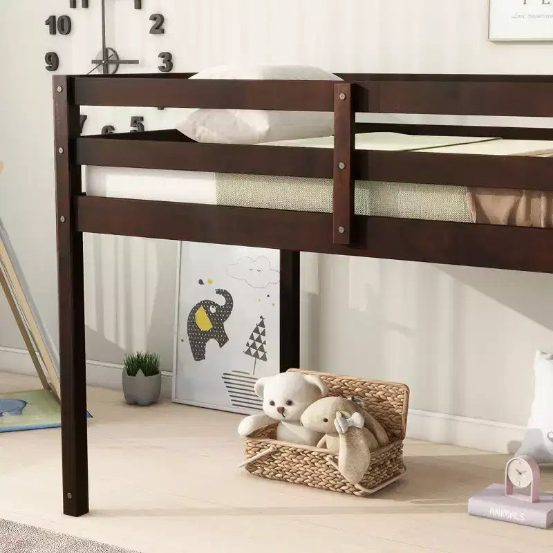 Solid Rubberwood Double Loft Bed with Ladder & Reinforced Slats – Grey, Space-Saving