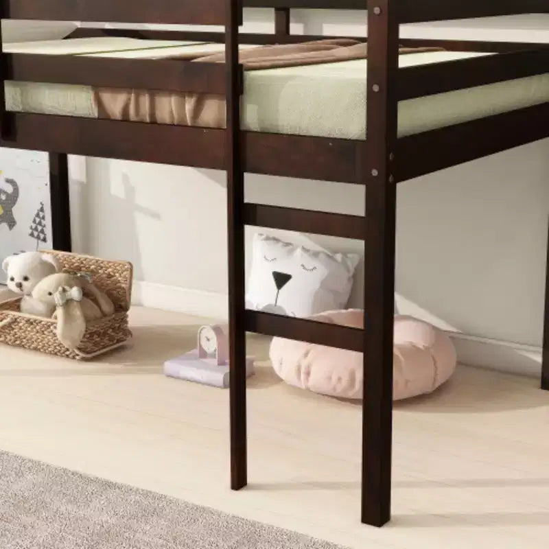 Solid Rubberwood Double Loft Bed with Ladder & Reinforced Slats – Grey, Space-Saving
