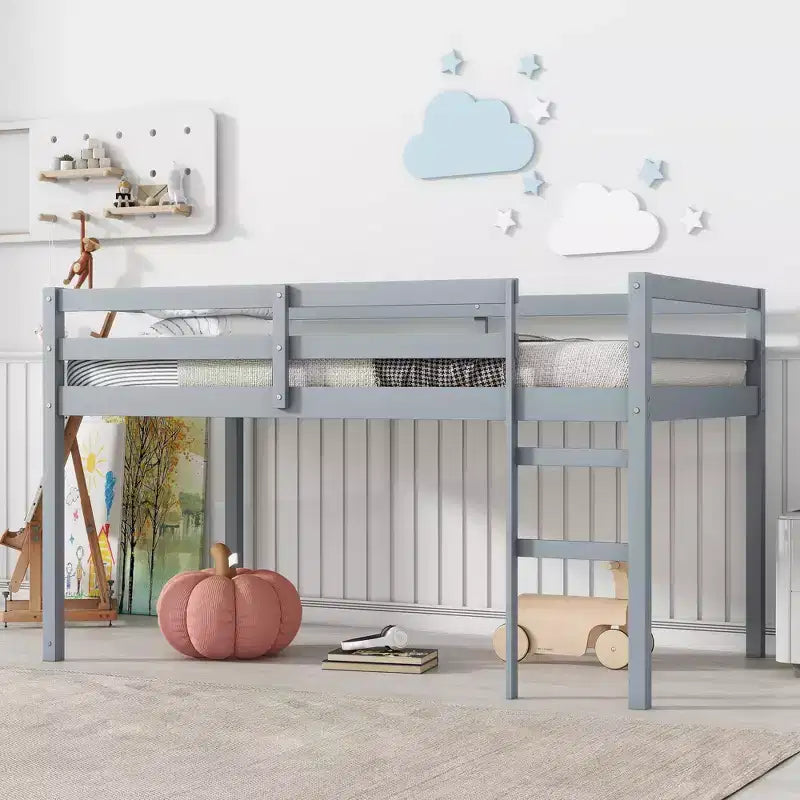 Solid Rubberwood Double Loft Bed with Ladder & Reinforced Slats – Grey, Space-Saving