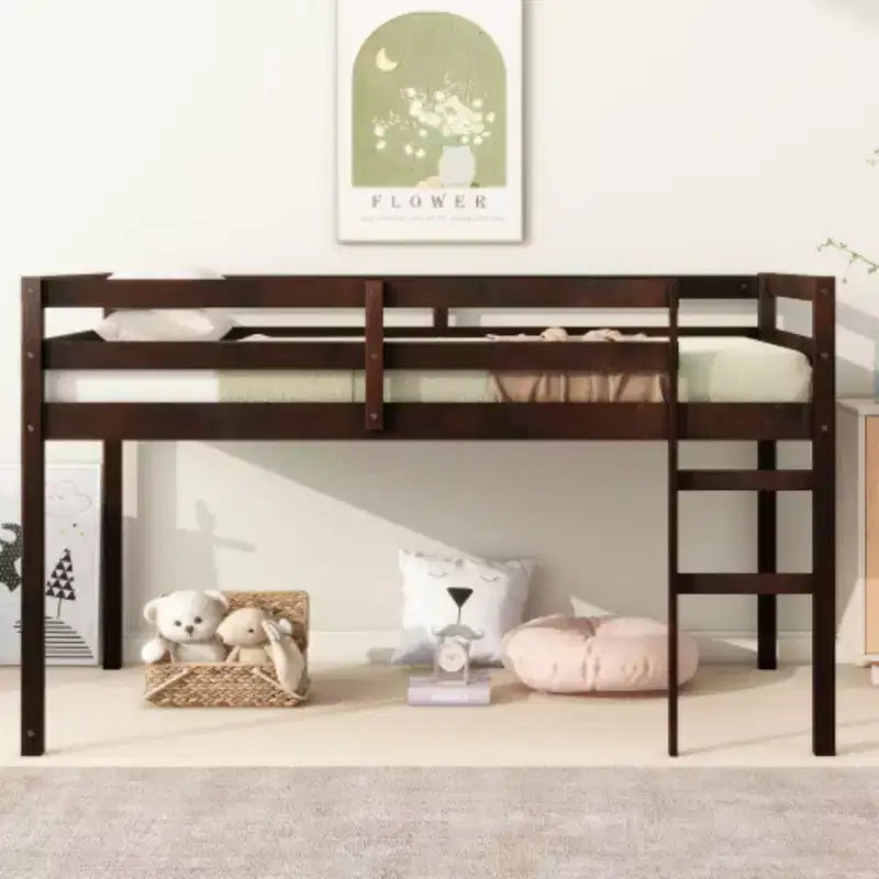 Solid Rubberwood Double Loft Bed with Ladder & Reinforced Slats – Grey, Space-Saving