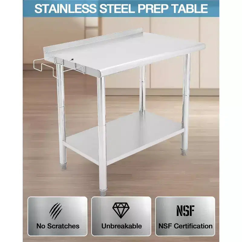 NSF Stainless Steel Commercial Kitchen Work Prep Table – Height Adjustable, 2-Shelf