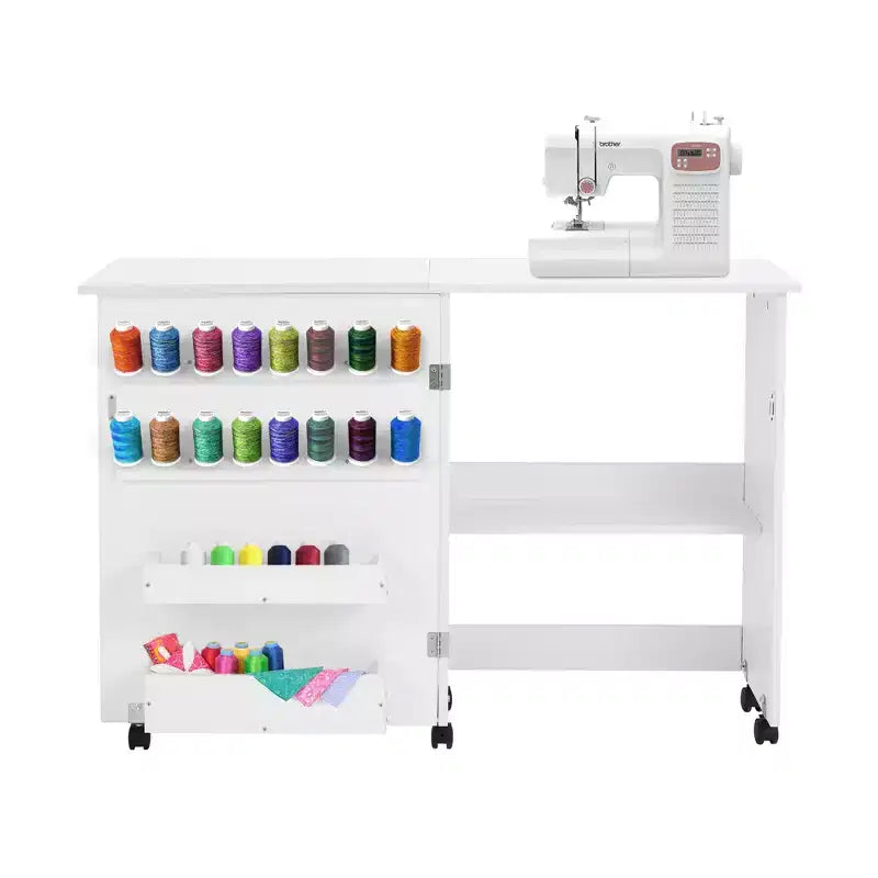 Foldable Sewing Table with Storage Shelf, 16 Spool Holders & Locking Caster Wheels