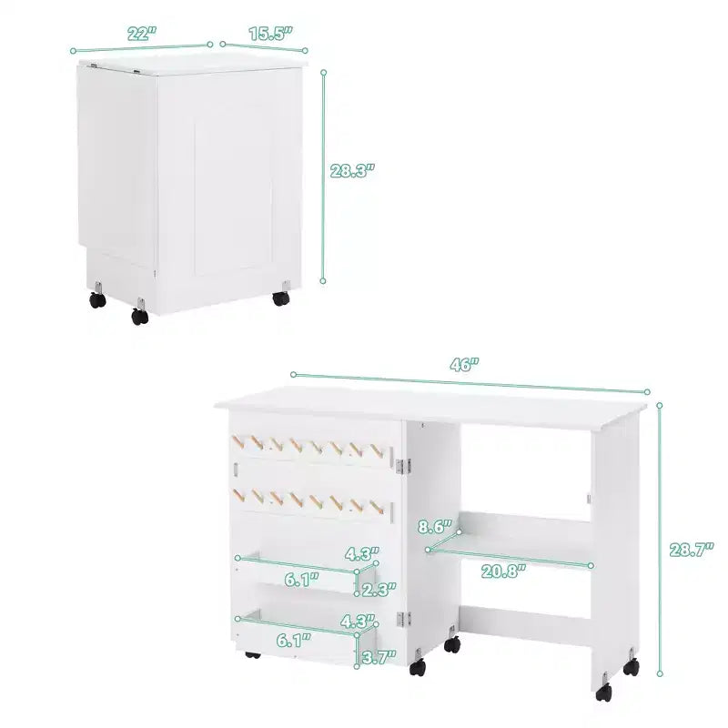 Foldable Sewing Table with Storage Shelf, 16 Spool Holders & Locking Caster Wheels