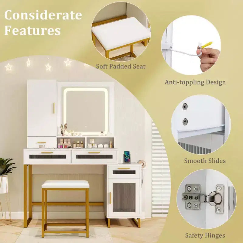 Modern Vanity Set with LED Mirror, 3 Lighting Modes, Jewelry Cabinet & Charging Station