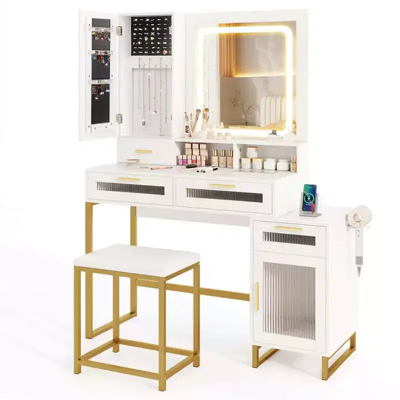 Modern Vanity Set with LED Mirror, 3 Lighting Modes, Jewelry Cabinet & Charging Station
