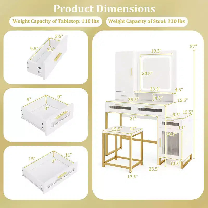 Modern Vanity Set with LED Mirror, 3 Lighting Modes, Jewelry Cabinet & Charging Station
